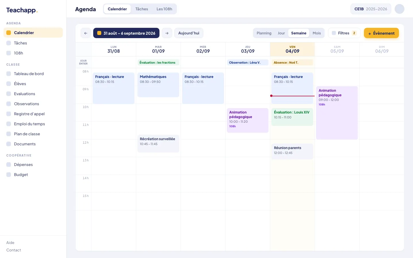 Teachapp Pro sur ordinateur : agenda, la semaine en grille, les évènements et les évaluations posés sur les jours