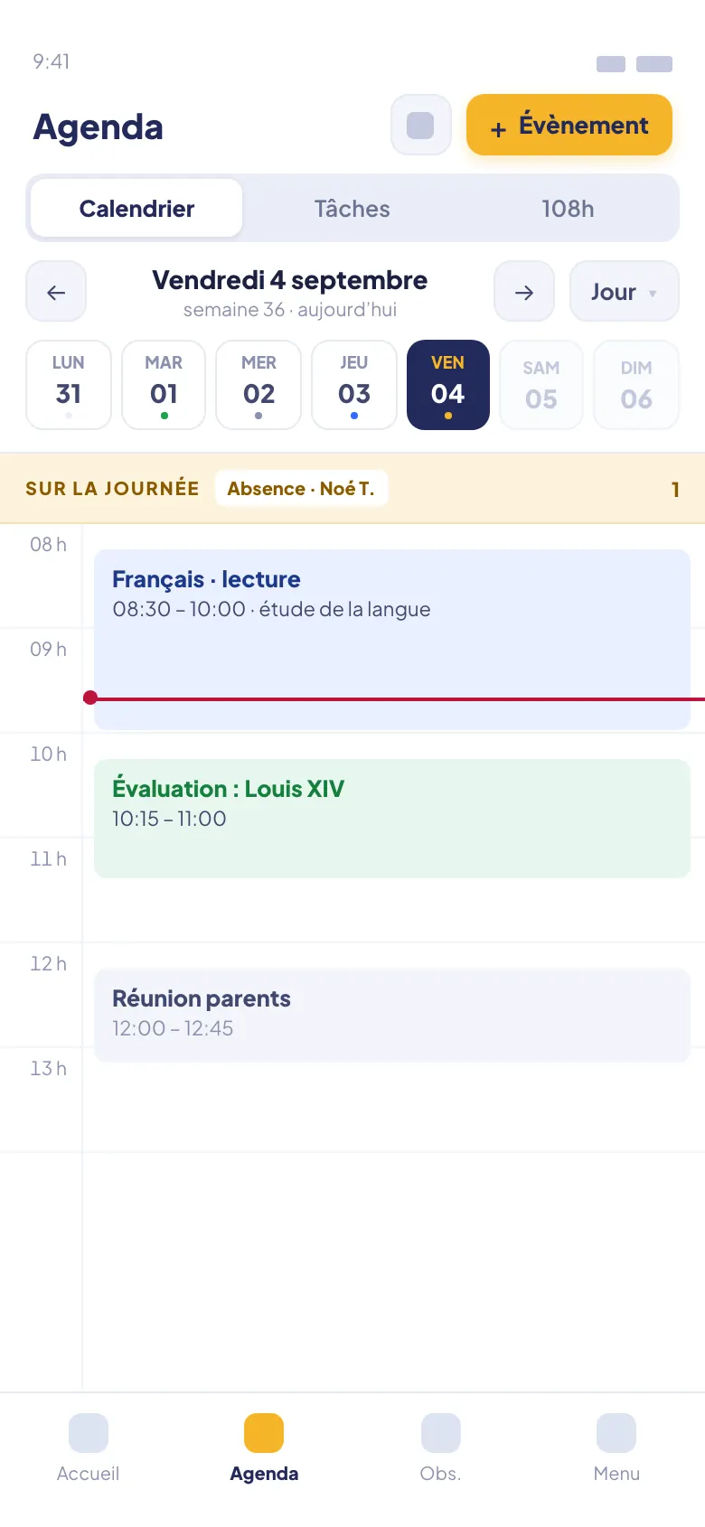 Teachapp Pro sur téléphone : agenda, la semaine en grille, les évènements et les évaluations posés sur les jours