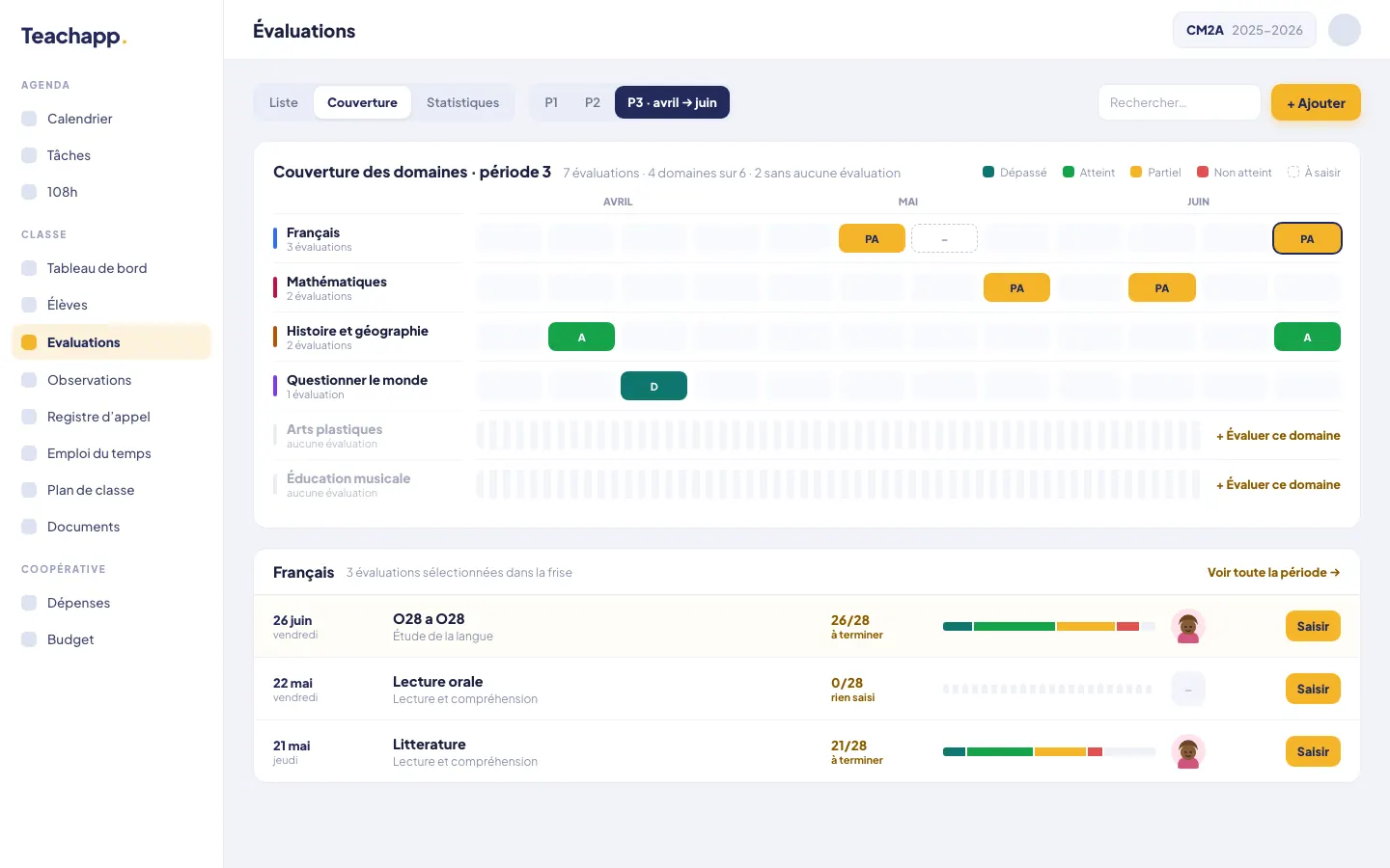Teachapp Pro sur ordinateur : évaluations, la frise de couverture par domaine, ce qui est évalué et ce qui reste à faire