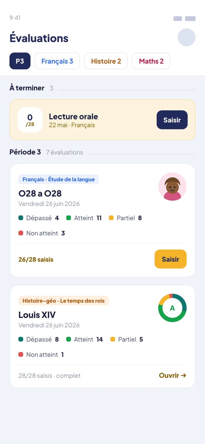 Teachapp Pro sur téléphone : évaluations, la frise de couverture par domaine, ce qui est évalué et ce qui reste à faire