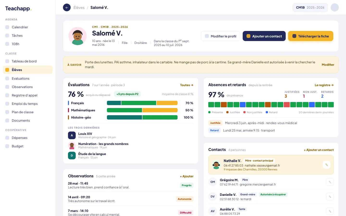 Teachapp Pro sur ordinateur : fiche élève, identité, résultats, assiduité, observations et contacts sur une seule page