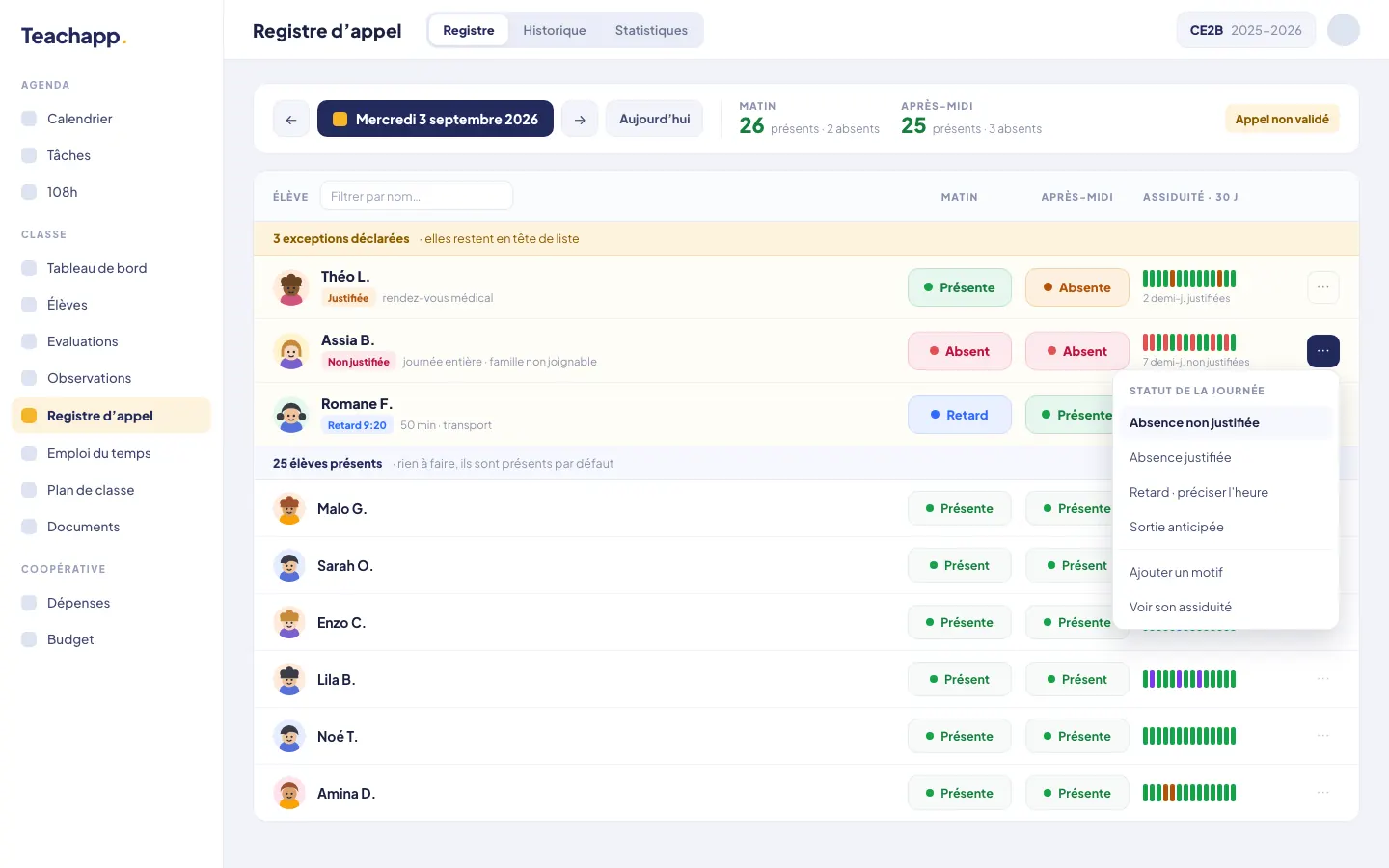 Teachapp Pro sur ordinateur : registre d’appel, tous présents par défaut, matin et après-midi séparés, motifs à portée