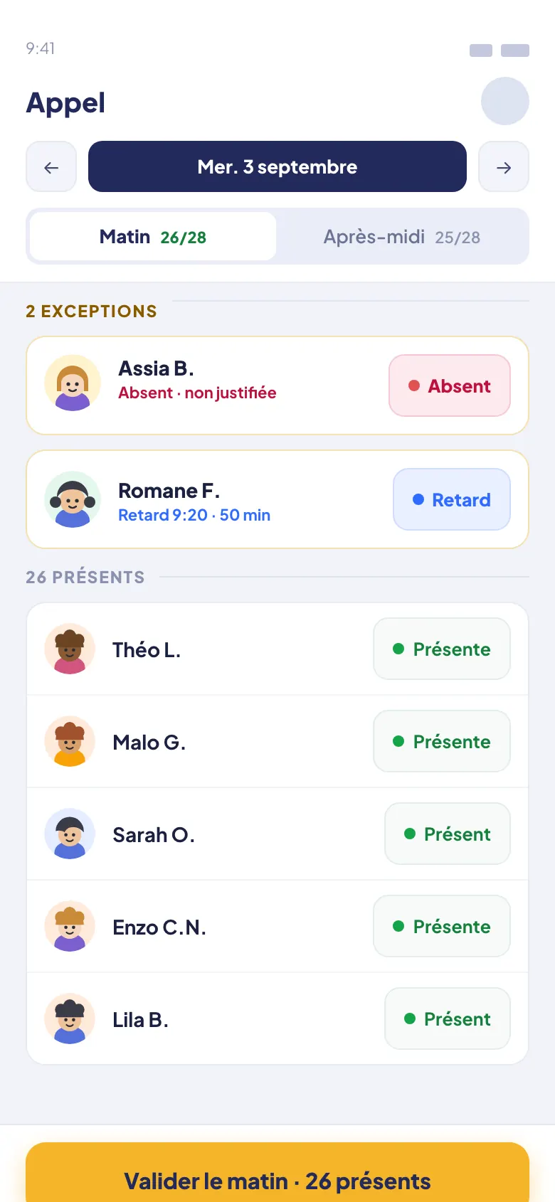 Teachapp Pro sur téléphone : registre d’appel, tous présents par défaut, matin et après-midi séparés, motifs à portée