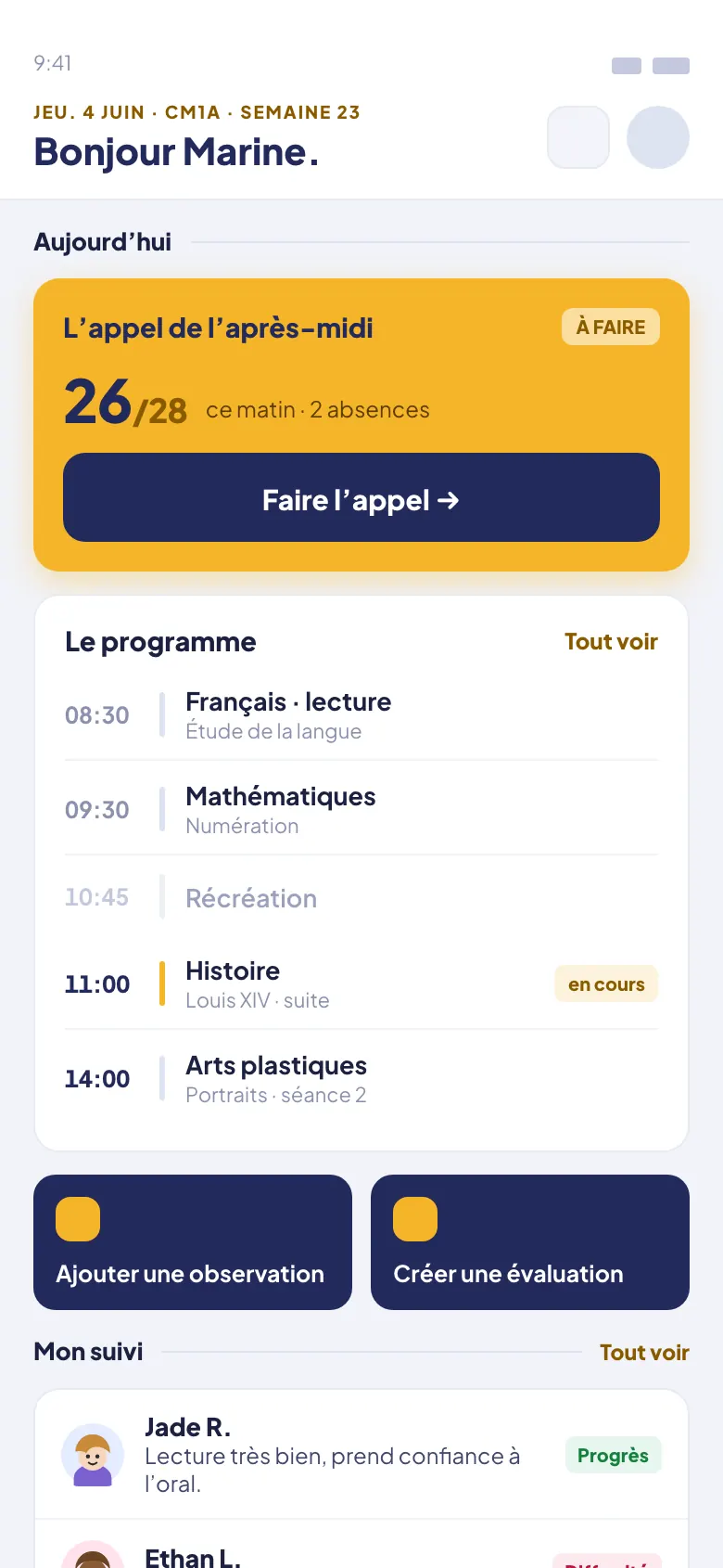 Teachapp Pro sur téléphone : tableau de bord, l’appel du jour, le programme heure par heure et les chiffres de la classe